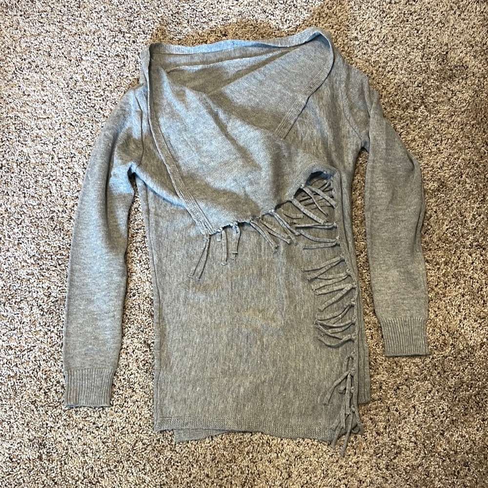 Grey Cross Front Cardigan with fringe detail - one size